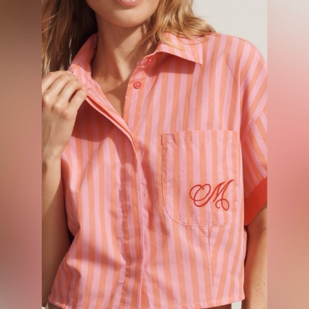 NWT Anthropologie Maeve Monogrammed M Button Down Crop Top Pink Size large